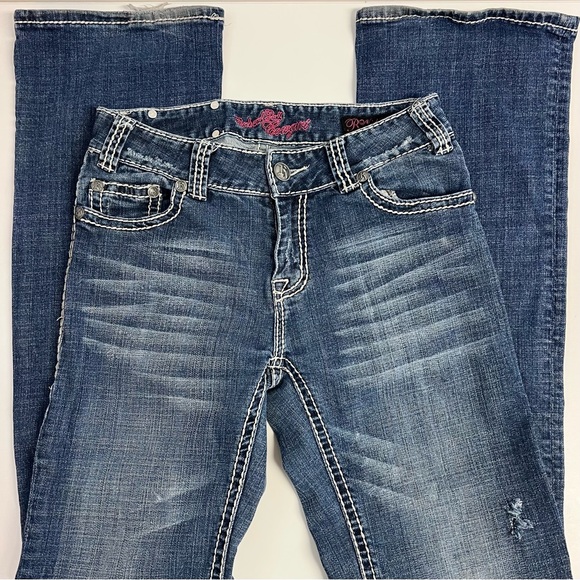 R&R Cowgirl 29"x24" Tall Bootcut Flare Low Mid Rise dark blue distressed - Picture 6 of 11